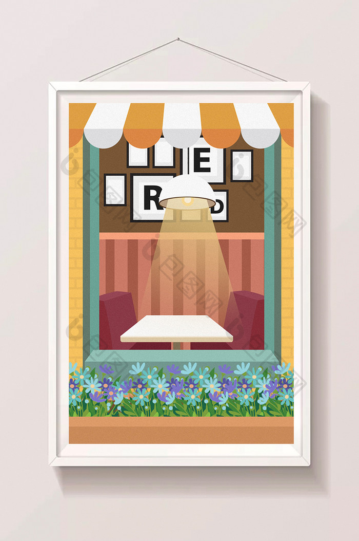 卡通餐厅窗台卡座插画背景