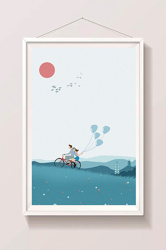 蓝色调秋日清晨情侣骑车游玩的路上手绘插画图片
