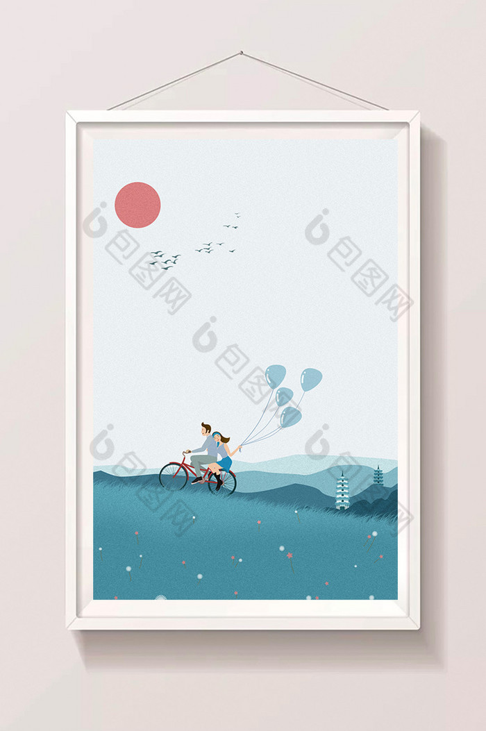 调秋日清晨情侣骑车游玩的路上插画图片图片