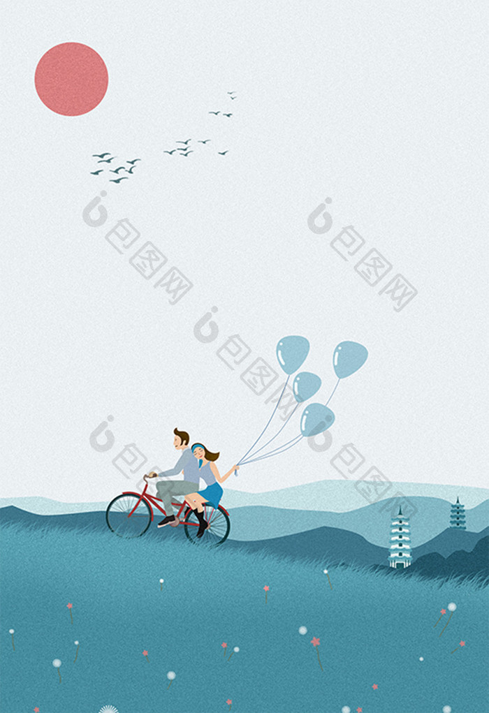蓝色调秋日清晨情侣骑车游玩的路上手绘插画