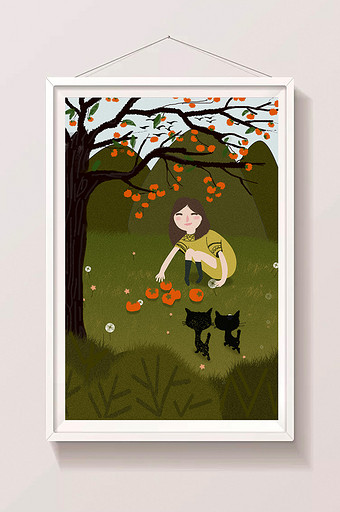 暖绿色调柿子树下小女该捡柿子立秋手绘插画图片