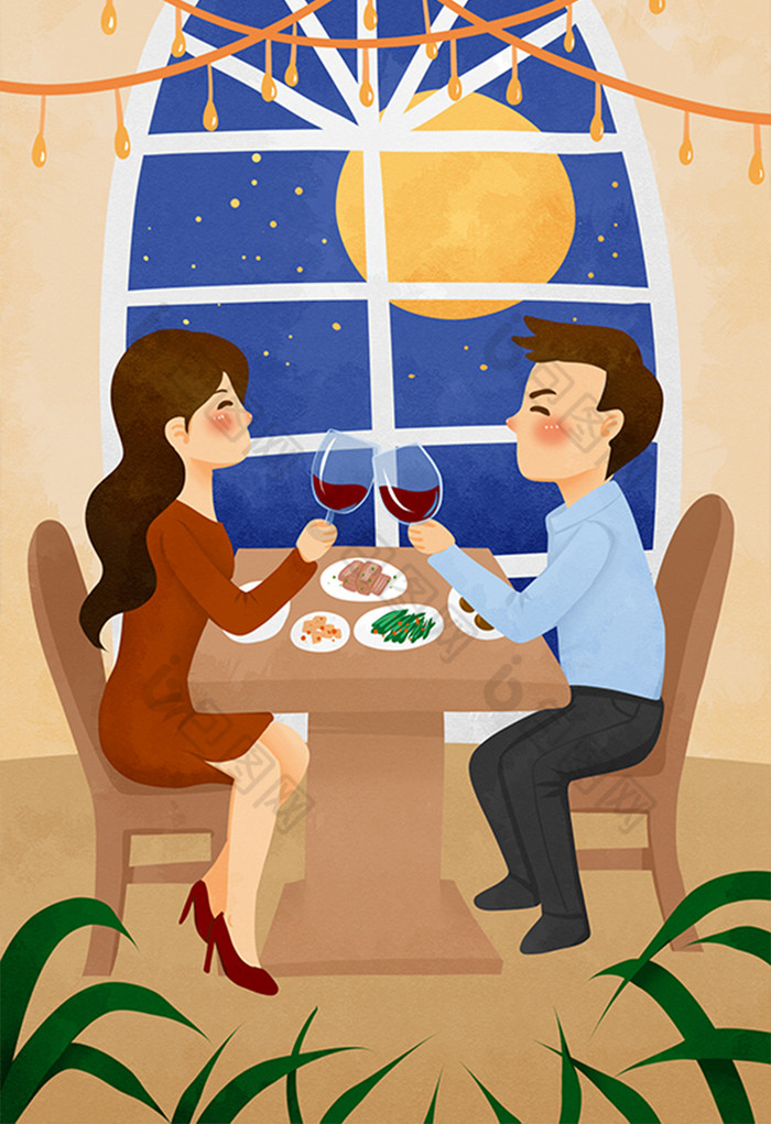 情侣七夕情人节约会共进晚餐插画图片