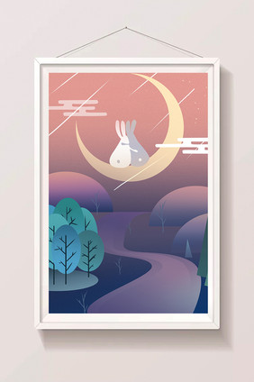手绘中秋兔子挂月场景插画