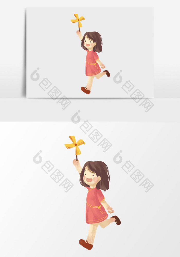 卡通漫画风车少女插画