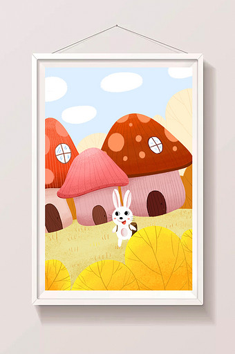 金色野外蘑菇屋小兔背背篓出门立秋插画图片