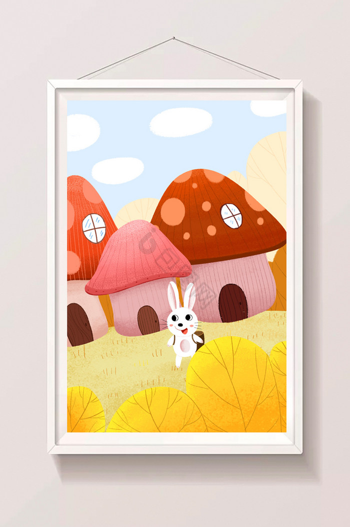 金色野外蘑菇屋小兔背背篓出门立秋插画图片