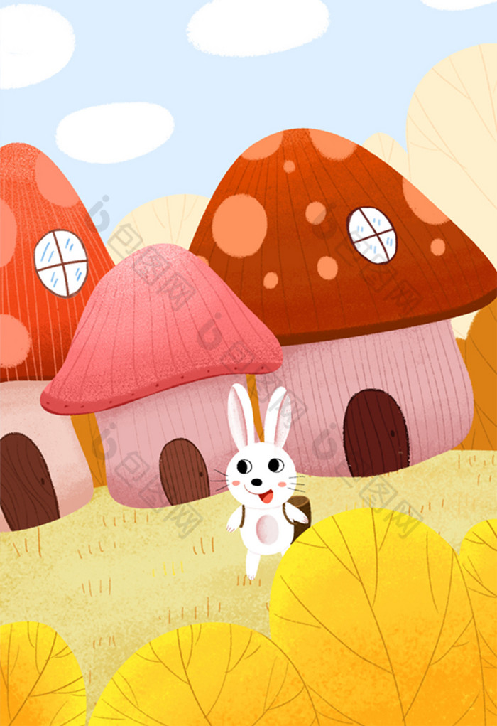 金色野外蘑菇屋小兔背背篓出门立秋插画