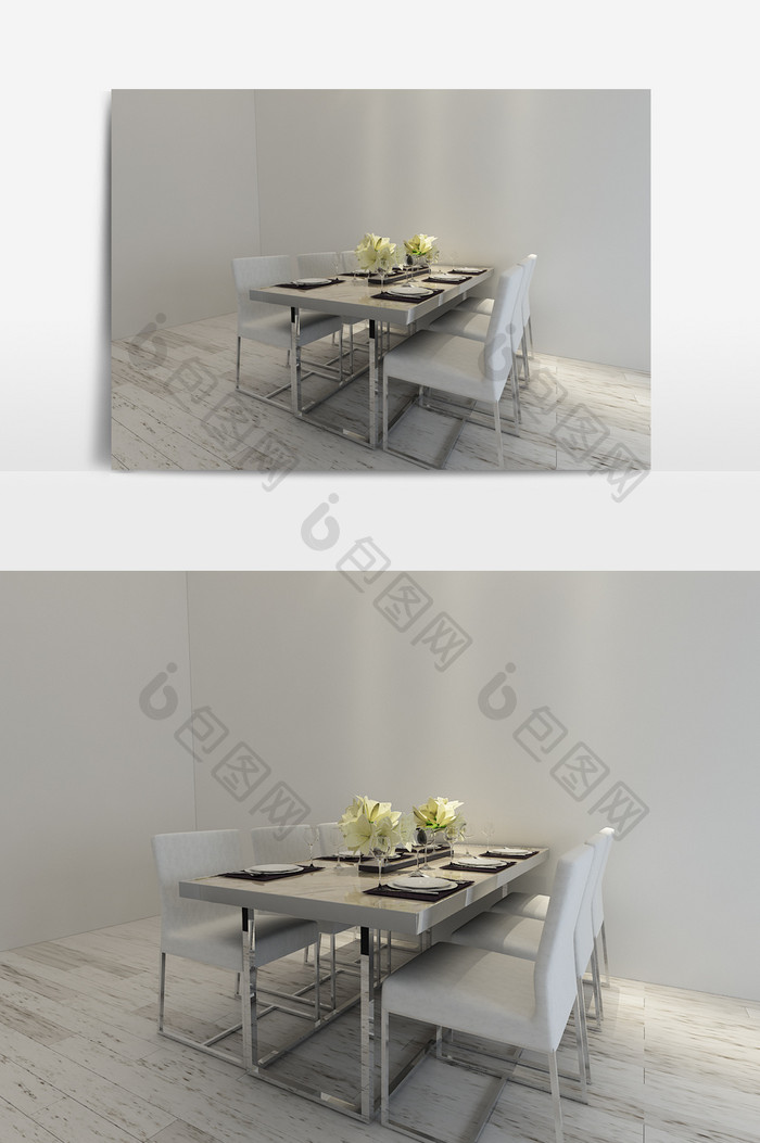 白色简约餐桌椅模型组合