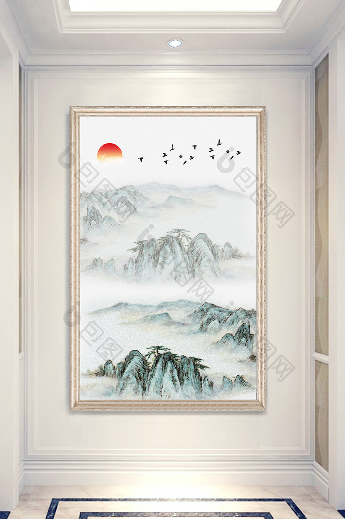 新中式意境山水飞鸟玄关装饰画