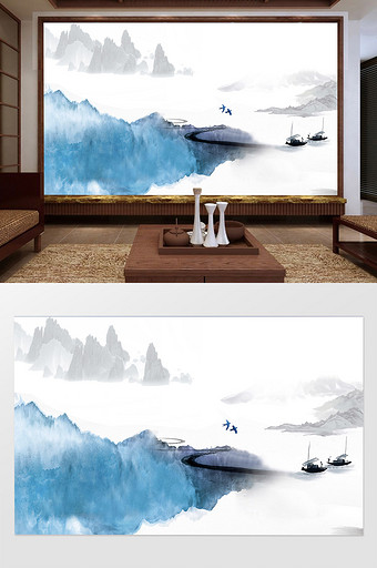 新中式抽象水墨浅蓝山水背景墙装饰定制图片