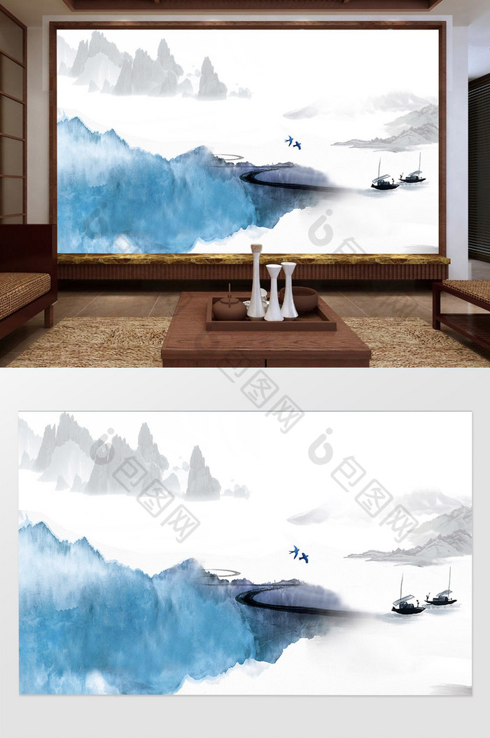 新中式抽象水墨浅蓝山水背景墙装饰定制