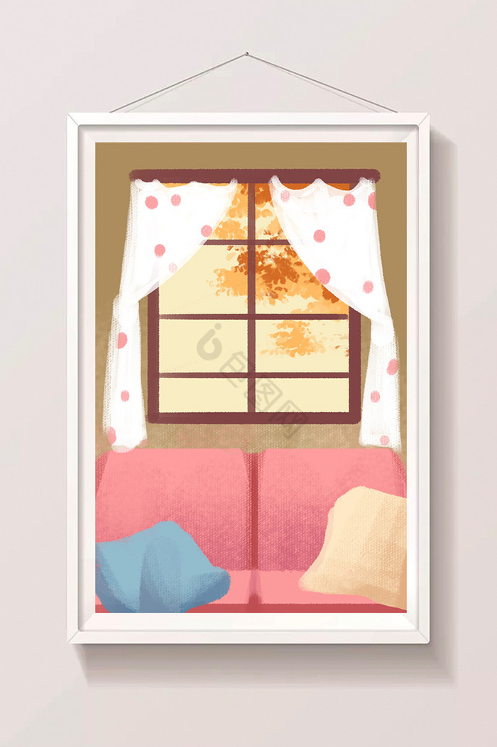温馨色调客厅一角窗外景色插画图片