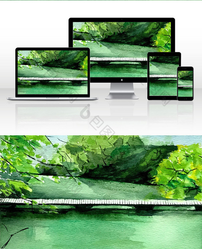 水彩绿色系手绘背景素材风景