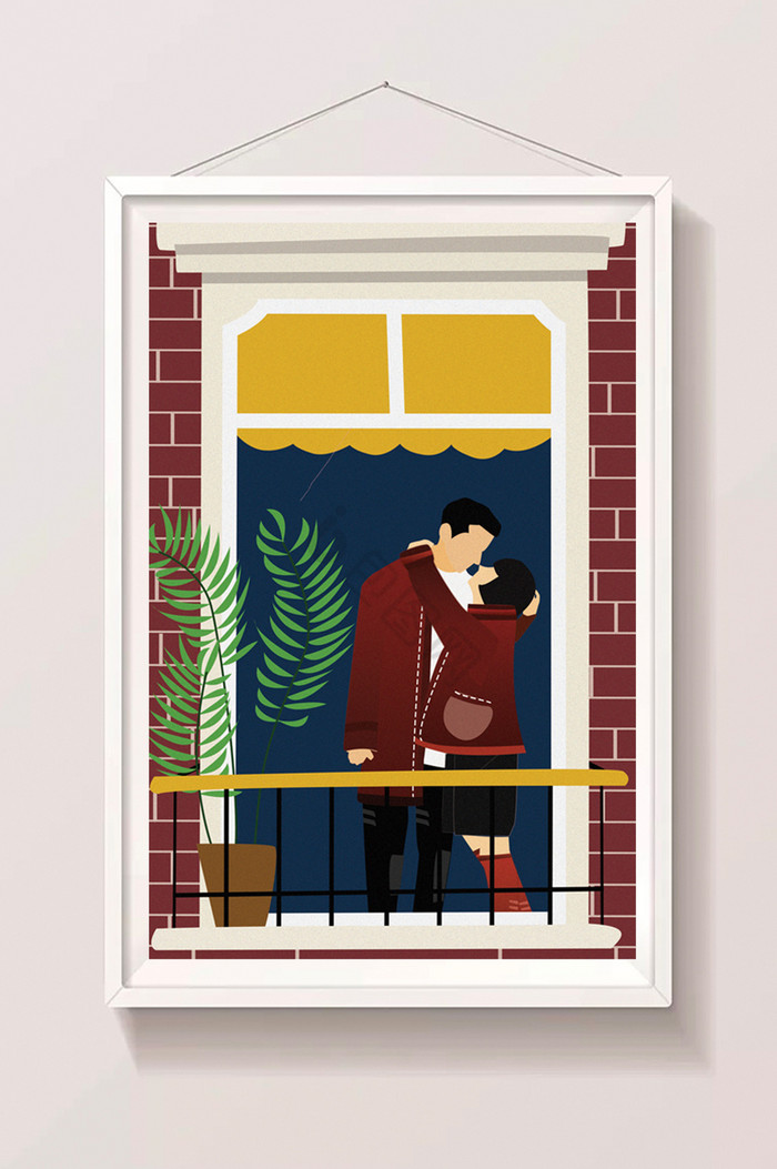 情侣站在窗口热吻的七夕情人节插画图片