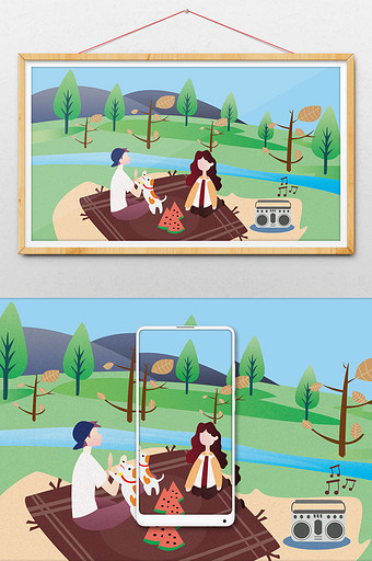 扁平风格户外情侣野餐过七夕情人节插画图片