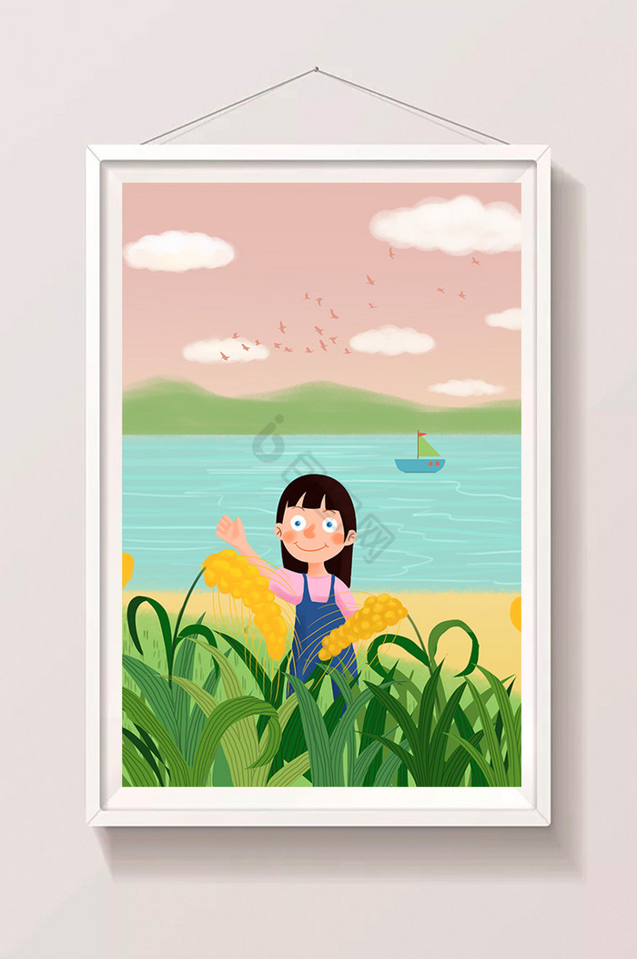 梦幻浪漫女孩湖边散步插画图片