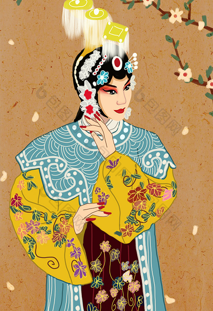 传统文化中国风戏曲人物蓝袍黄杉插画