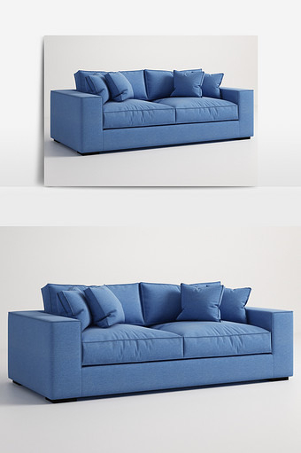 简约蓝色布艺沙发3D模型图片