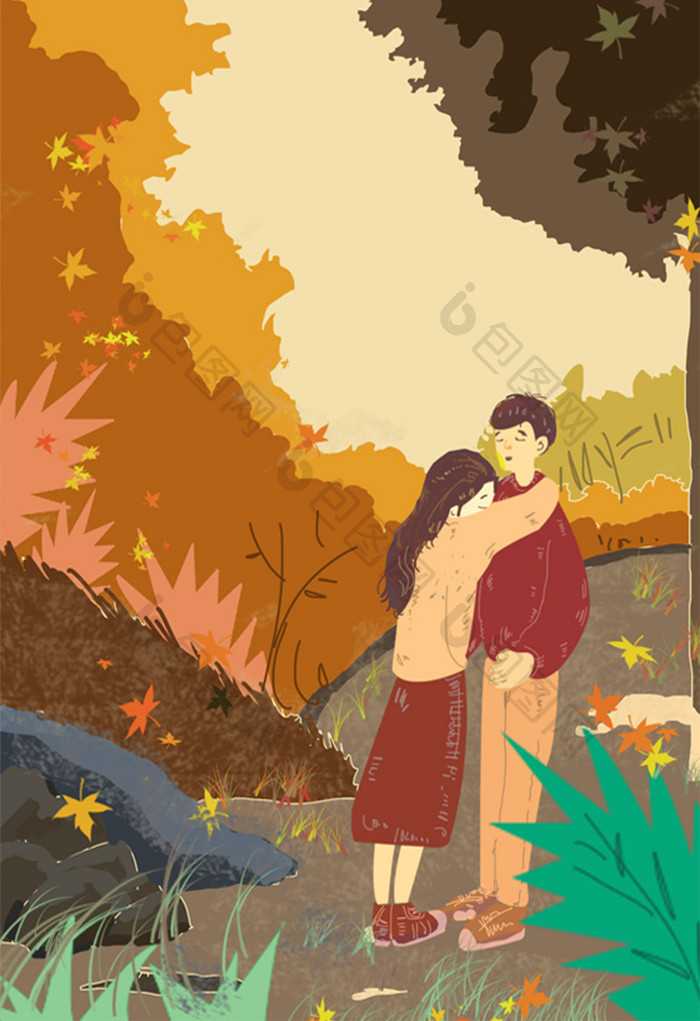 暖色情侣拥抱在森林里过七夕情人节扁平插画