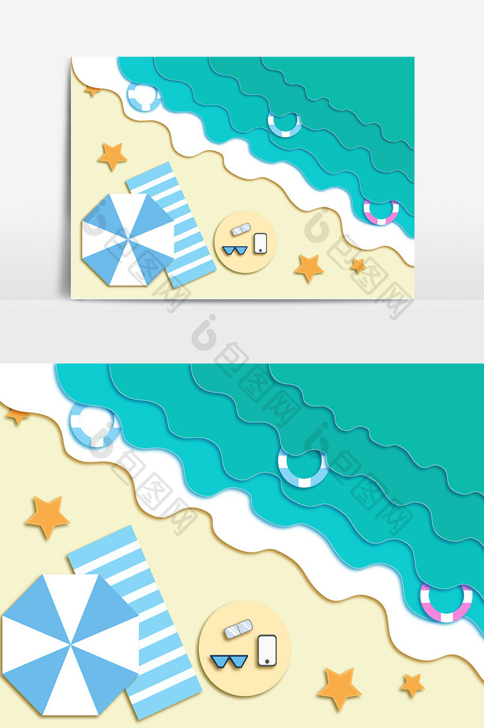 海滩剪纸插画元素设计