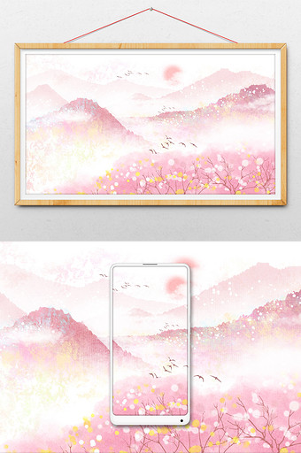 中国风唯美粉色小清新水墨山水背景插画图片