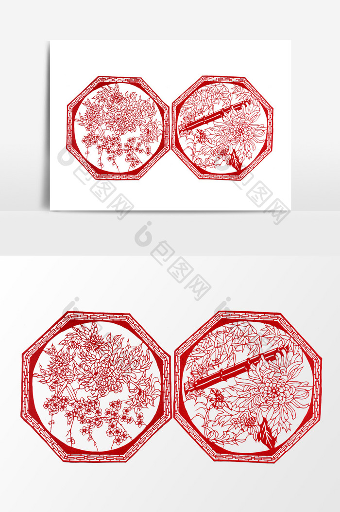 中国传统文化红剪纸招团花矢量元素