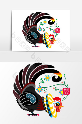 中国传统文化红剪纸花色公鸡国粹吉祥图片