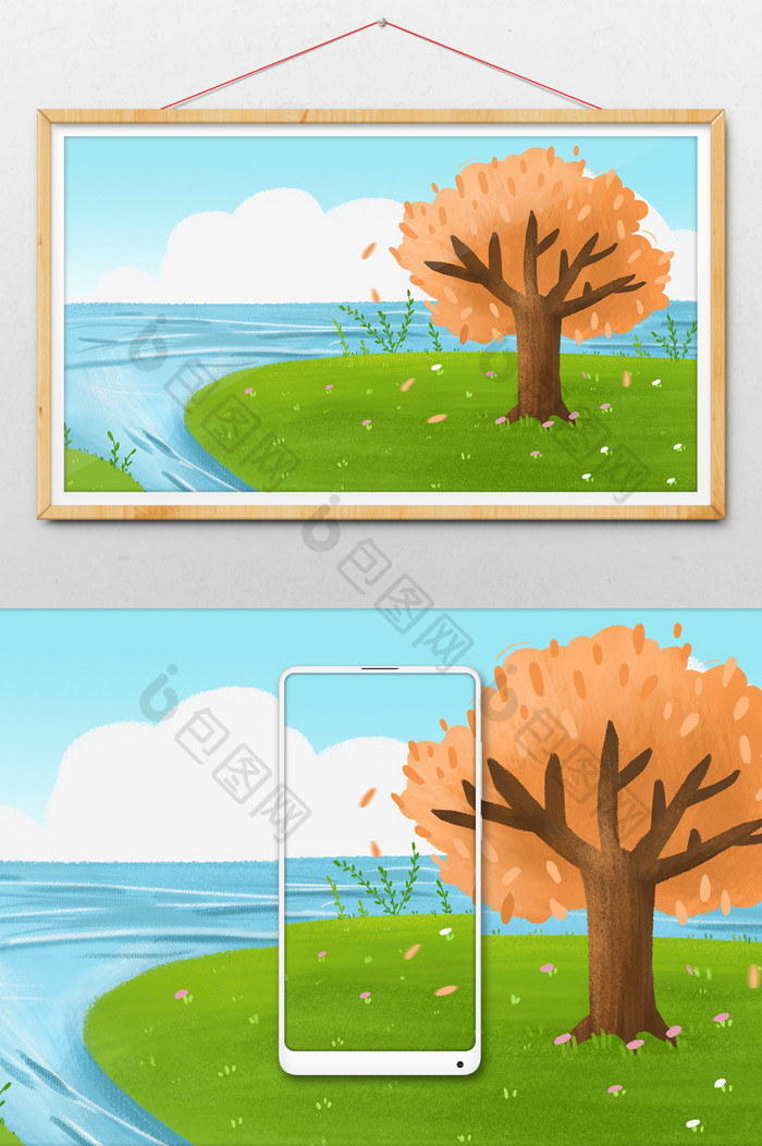 秋天河边草地上的树手绘儿童插画背景