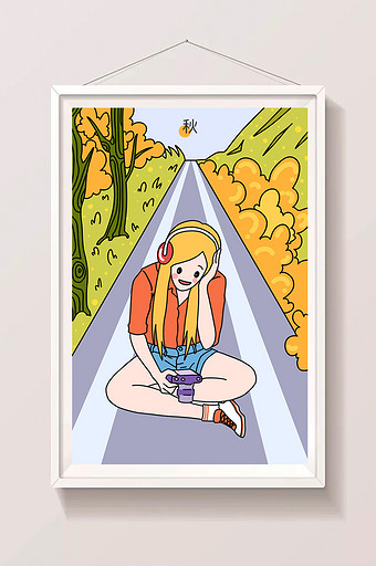 可爱卡通秋季旅行女孩公路插画图片