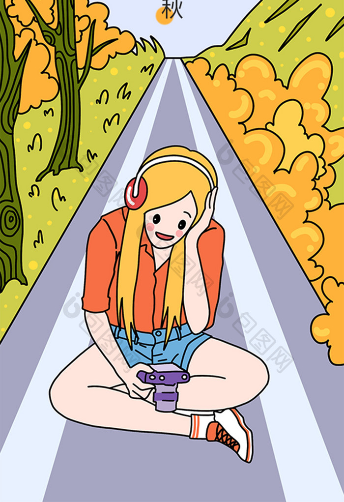 可爱卡通秋季旅行女孩公路插画