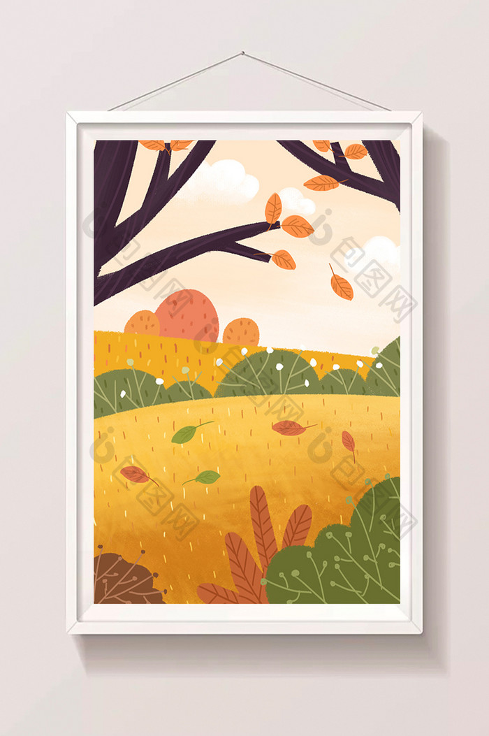 暖色系秋天公园里树叶飘落手绘插画背景