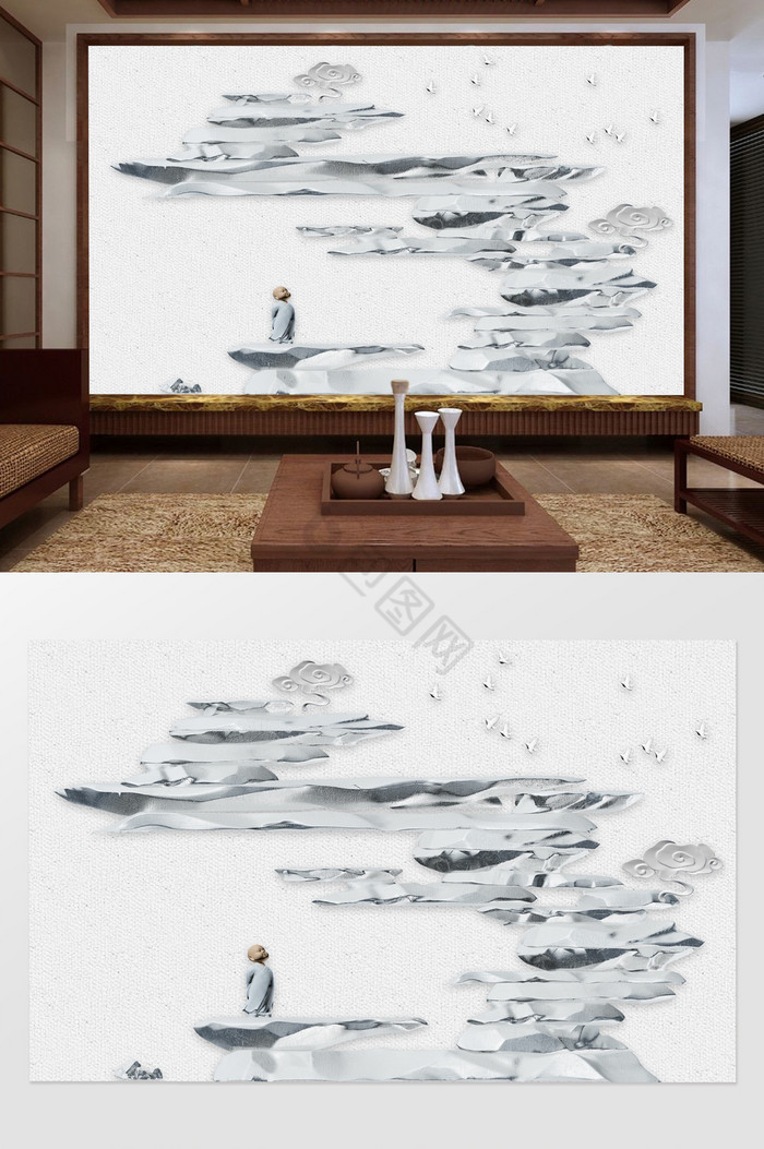 新中式禅意3D浮雕假山和尚飞鸟背景墙图片
