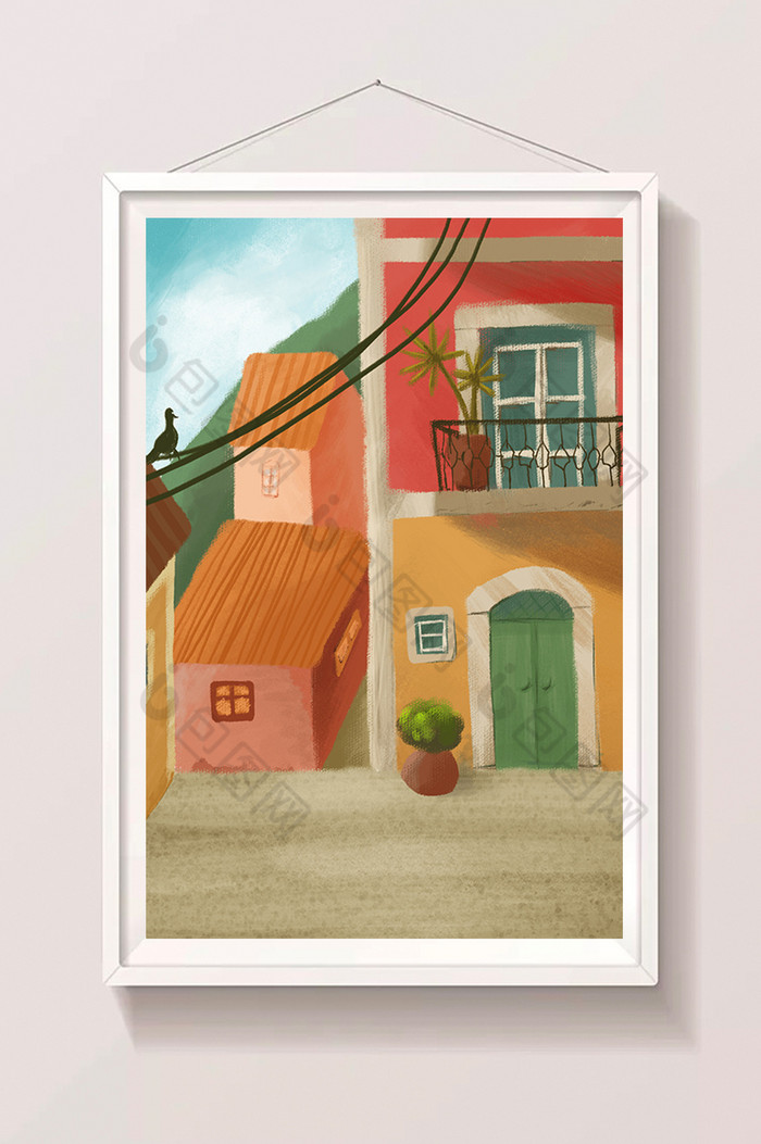 小镇上街道边的楼房插画图片图片