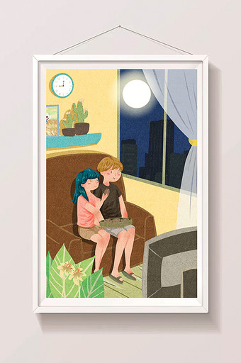 卡通晚上中秋情侣在家中相伴插画图片