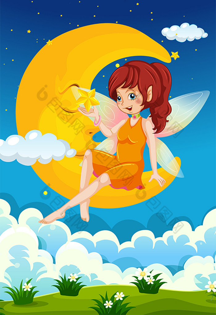 梦幻的星空天使撒爱插画图片