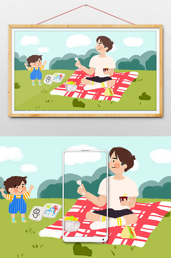 清新卡通暑期亲子生活插画图片