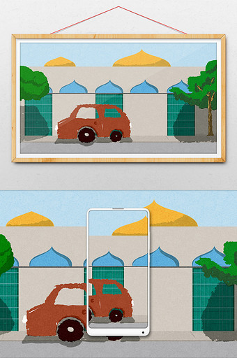 可爱灰色小车墙面插画背景图片