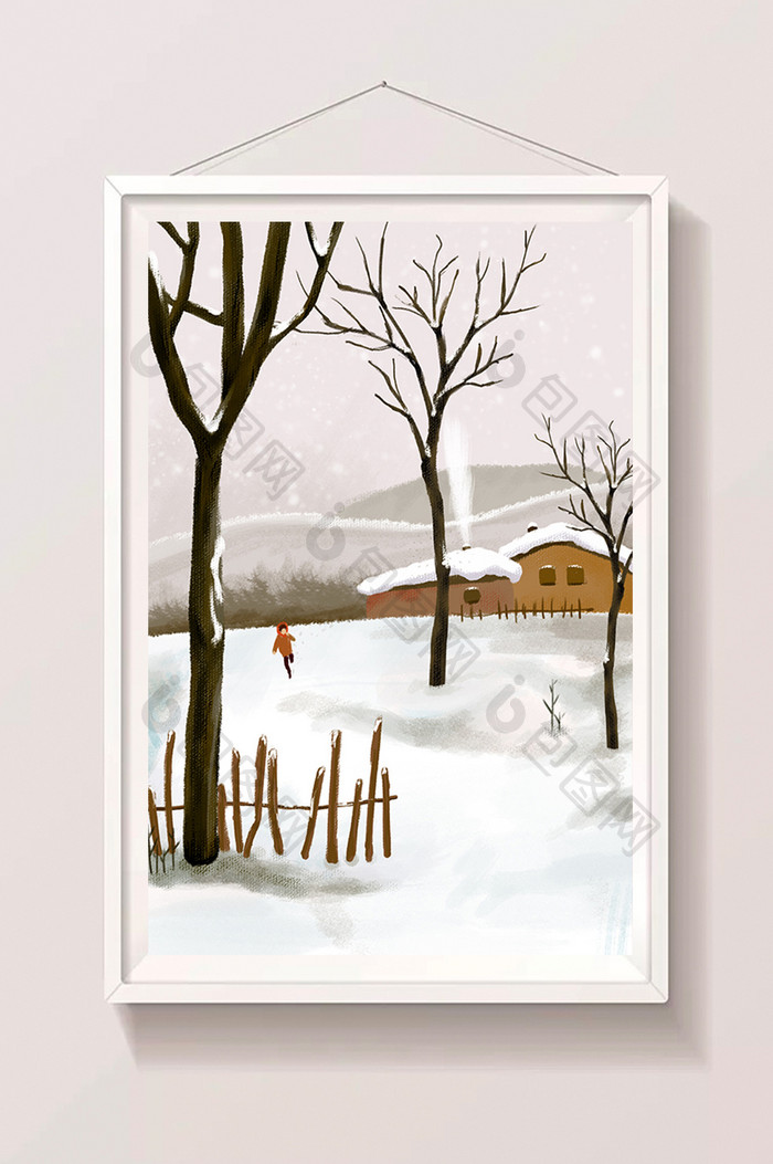唯美风格冬天大山里的雪景手绘插画背景