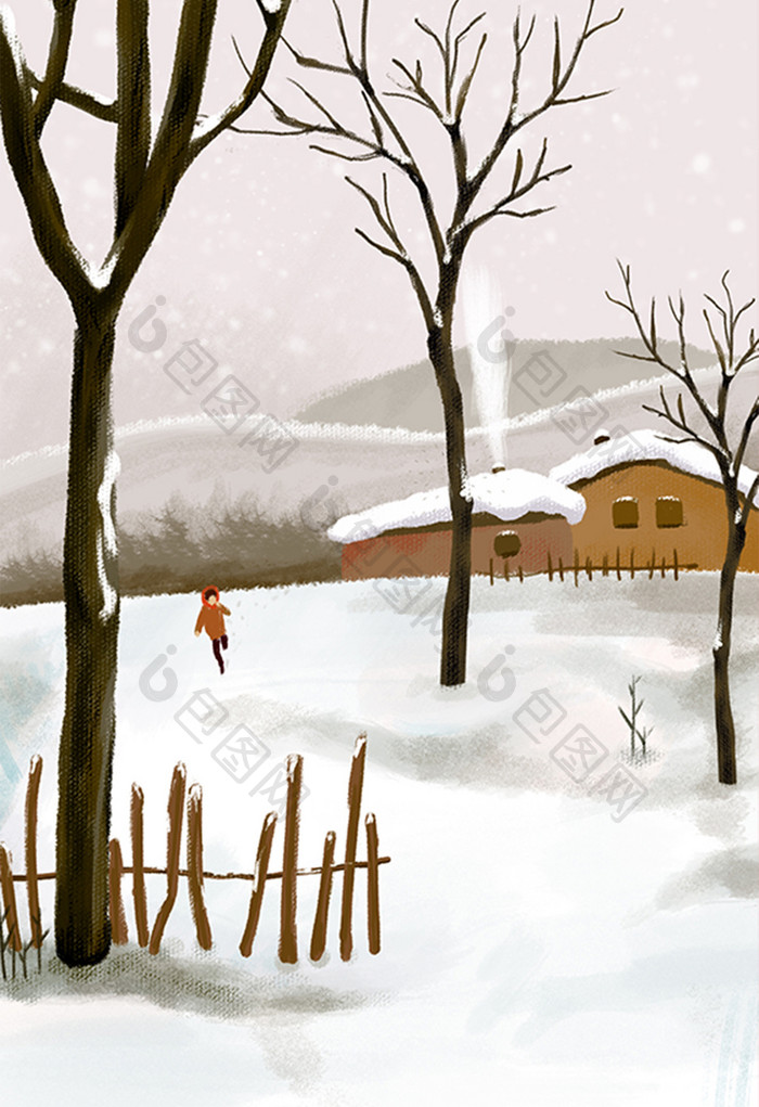 唯美风格冬天大山里的雪景手绘插画背景