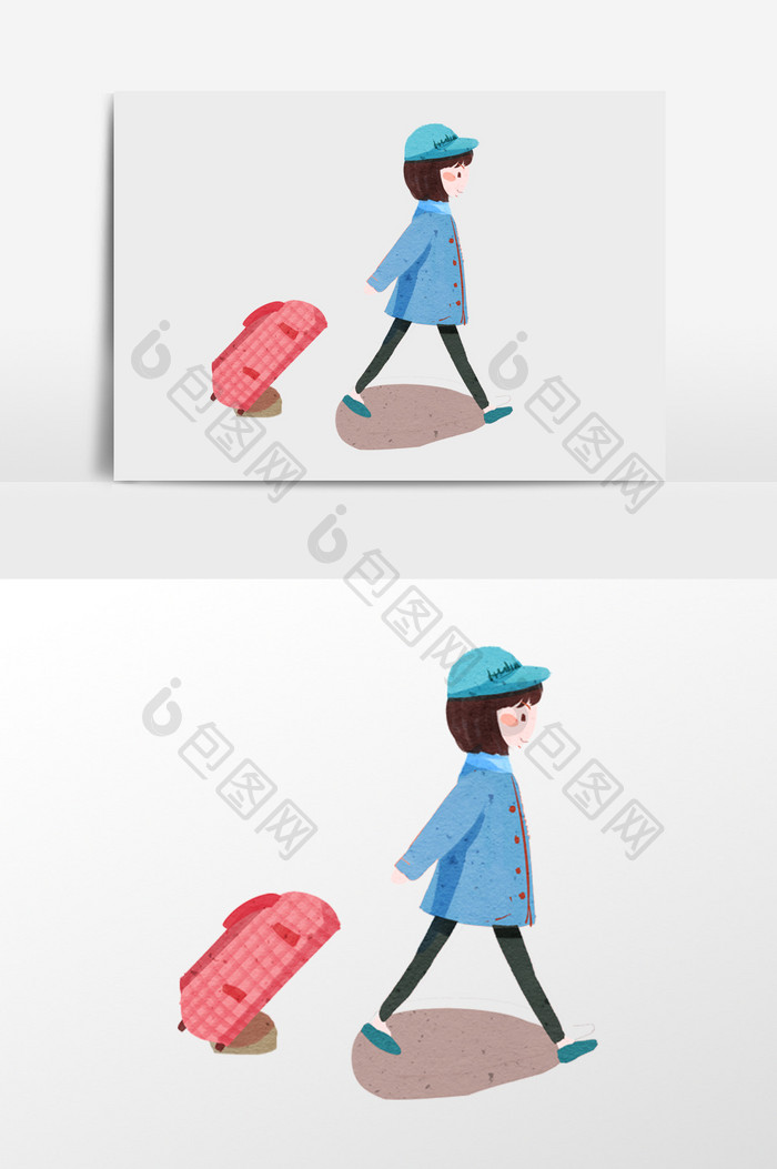 拉行李箱女孩的插画元素