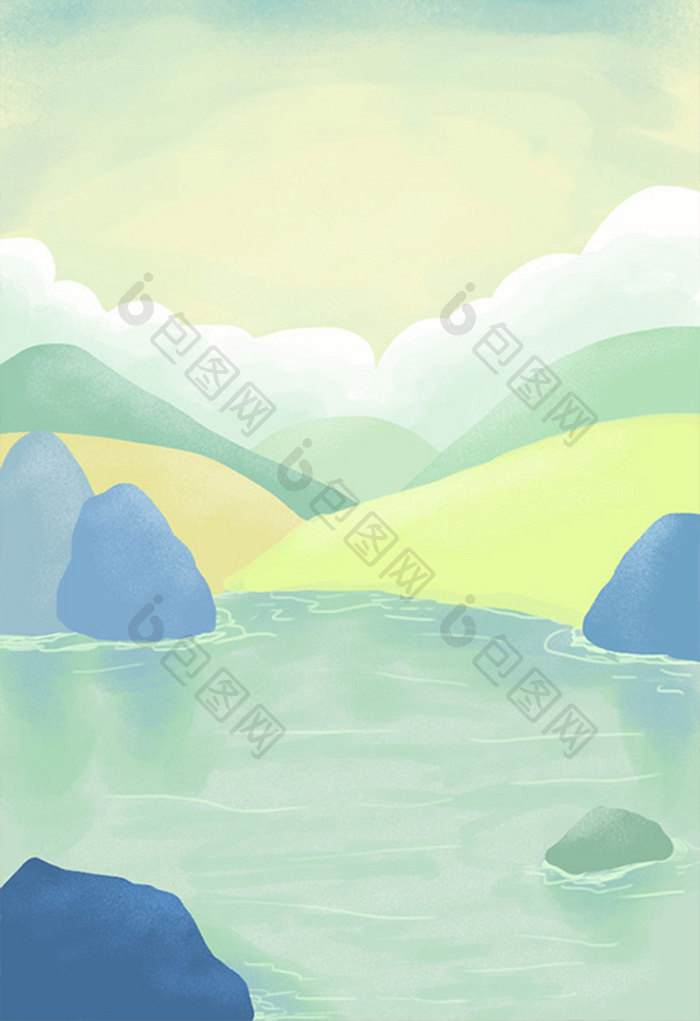 唯美治愈系山水风景海边浪漫背景插画