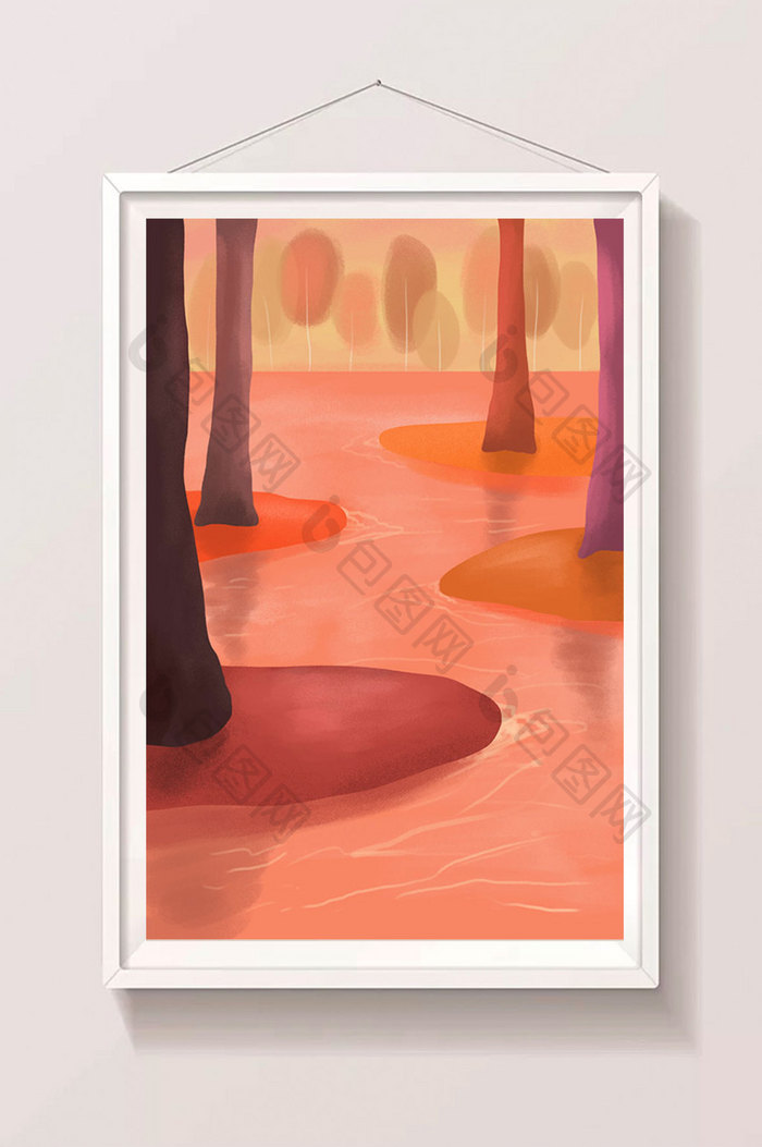 橙色森林风景海报设计背景手绘插画