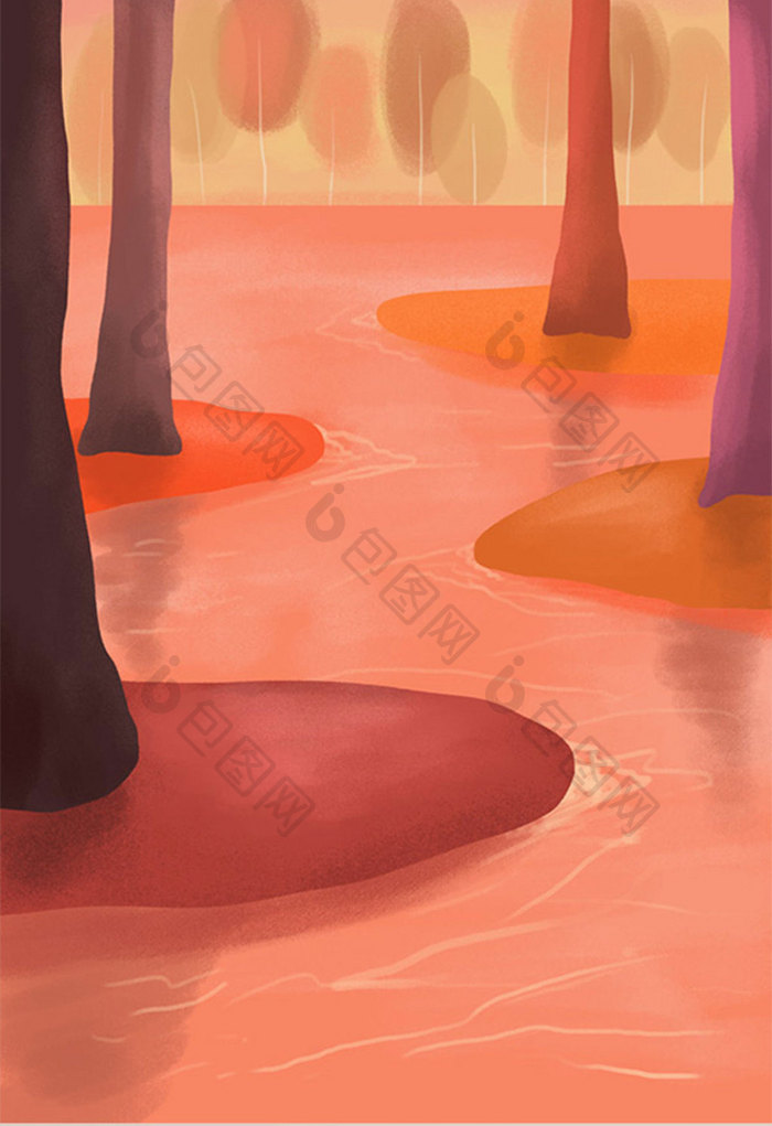 橙色森林风景海报设计背景手绘插画