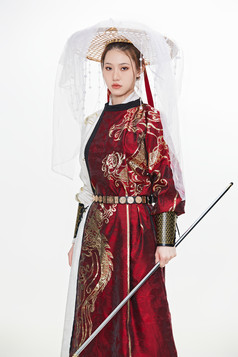 身穿武侠古风汉服英气十足的亚洲美女