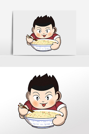 卡通男孩吃面条插画元素图片