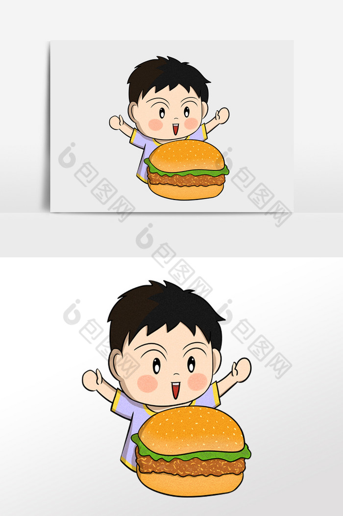 男孩吃汉堡插画图片