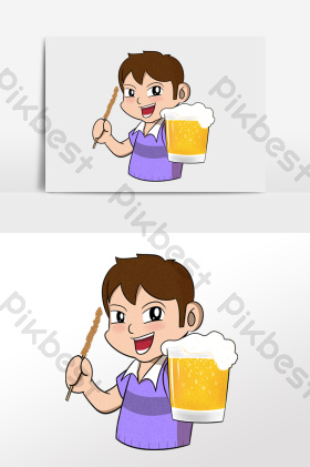男吃烤串喝啤酒插画图片