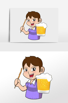 卡通男吃烤串喝啤酒插画元素