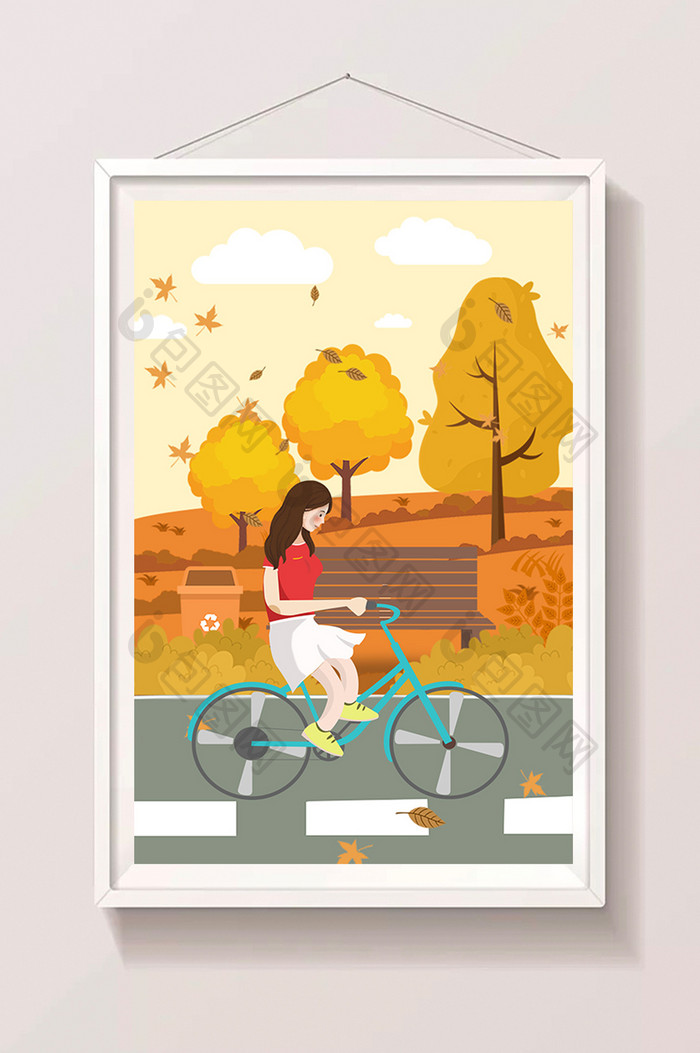 唯美立秋小女孩骑自行车田野公路插画