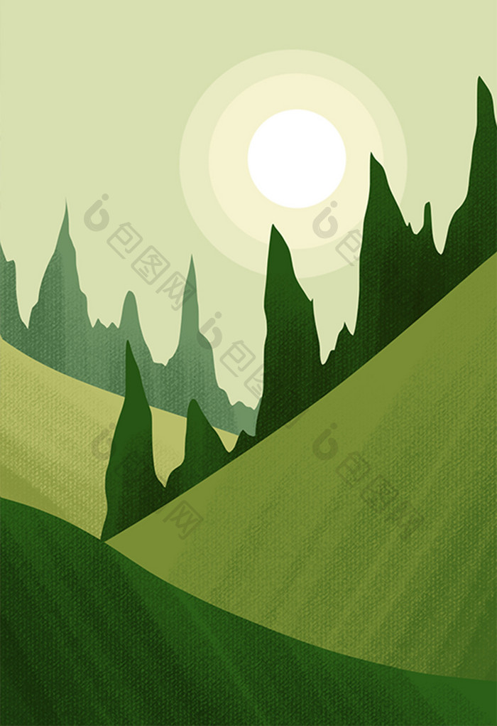 绿色扁平风格阳光照耀的森林背景插画